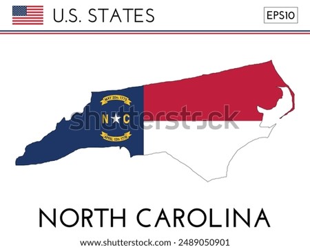 North Carolina USA state map shape with flag. Map of North Carolina in the North Carolina flag colors. Outline map filled with its flag colors. Vector illustration.