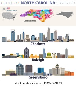 North Carolina vector congressional districts map and major cities skylines