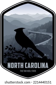 North Carolina vector label with Red Male Northern Cardinal near Blue Ridge Parkway