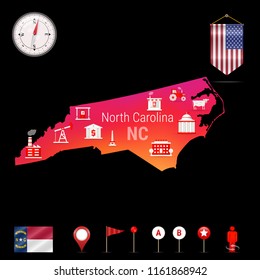 North Carolina Vector Map, Night View. Compass Icon, Map Navigation Elements. Pennant Flag of the United States. Vector Flag of North Carolina. Various Industries, Economic Geography Icons.