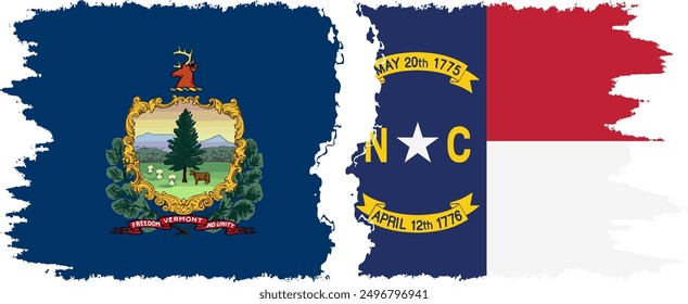 North Carolina and Vermont states grunge brush flags connection, vector