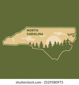 North Carolina Vintage Sunset Illustration with Pine Trees Silhouette