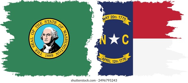 North Carolina and Washington states grunge brush flags connection, vector