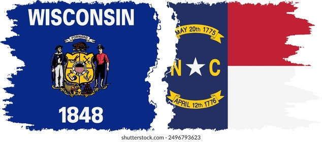 North Carolina and Wisconsin states grunge brush flags connection, vector