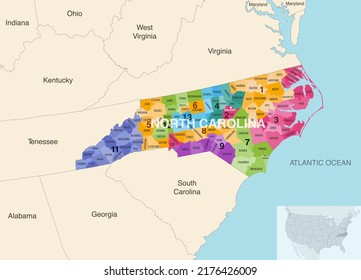 North Carolina's congressional districts (2021–2023) vector map with neighbouring states and terrotories