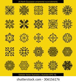 North Caucasian ornamental round elements. Editable Vector Illustration