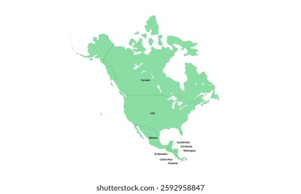 North and Central America countries, political map. Countries bordered by South America, Caribbean Sea, and by Arctic, Atlantic and Pacific Ocean. Canada, United States, Mexico, vector illustration