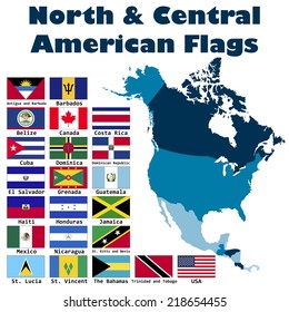 North and Central American flag set in alphabetical order, with an editable map.