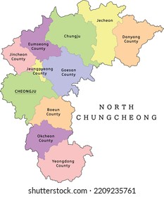 North Chungcheong Province administrative map with cities and counties. Clored. Vectored. Yellow, green, blue, pink, violet, orange