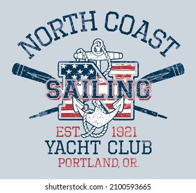 North coast sailing yacht club nautical vintage grunge vector print for boy kid t shirt