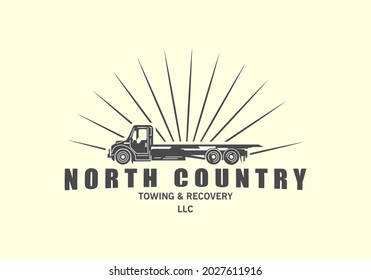 North country, Towing and Recovery LCC Style Vintage Logo, Breakdown cover. Recovery service, Design vector isolated on white background.