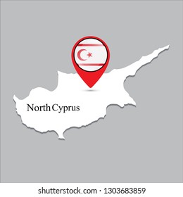 North Cyprus map with white shadow and country name on the map. Check-in point with a national flag on a gray background.