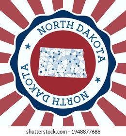 North Dakota Badge. Round logo of US state with triangular mesh map and radial rays. EPS10 Vector.