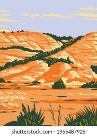 North Dakota Badlands in Theodore Roosevelt National Park Located in Medora North Dakota WPA Poster Art