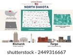 North Dakota counties map and congressional districts since 2023 map. Bismarck (state