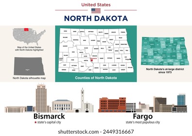 Mapa de los condados de Dakota del Norte y los distritos del Congreso desde 2023. Horizontes de Bismarck (capital del estado) y Fargo (ciudad más poblada del estado). juego de Vectores