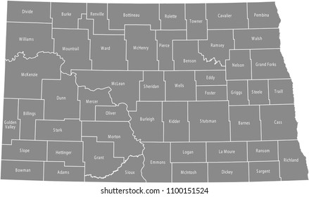 North Dakota county map vector outline gray background. Map of North Dakota state of USA with borders and counties names labeled