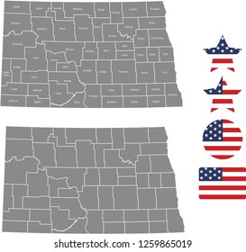 North Dakota county map vector outline in gray background. North Dakota state of USA map with counties names labeled and United States flag icon vector illustration designs