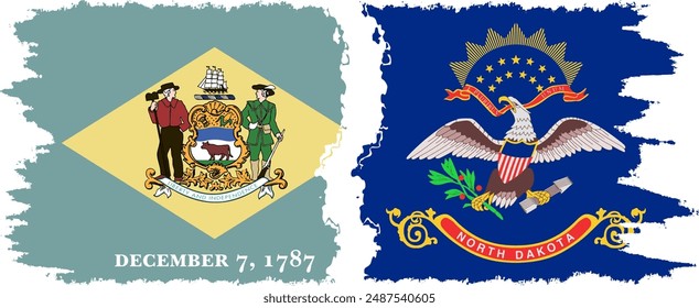 North Dakota and Delaware states grunge brush flags connection, vector