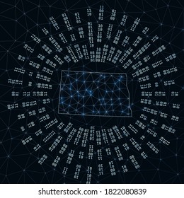 Mapa digital de Dakota del Norte. Los rayos binarios irradian alrededor de estados de estados de estados unidos brillantes. Conexión a Internet y diseño de intercambio de datos. Ilustración de vectores.