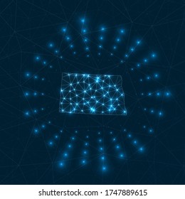 North Dakota digital map with glowing rays radiating from the US state. Network connections and telecommunication design. Vector illustration.