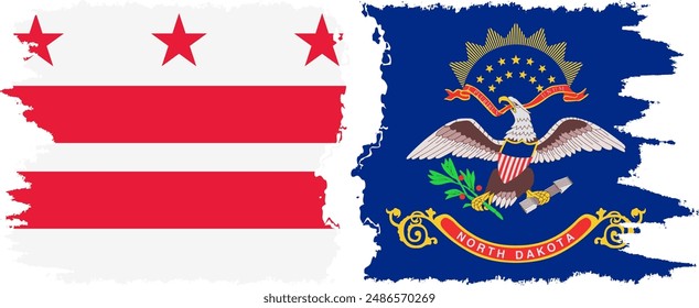 North Dakota and District of Columbia USA - Washington, D.C. grunge brush flags connection, vector