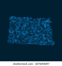 Dakota del Norte dibujó un mapa brillante. Forma del estado de ee.uu. con bombillas brillantes azules. Ilustración vectorial.