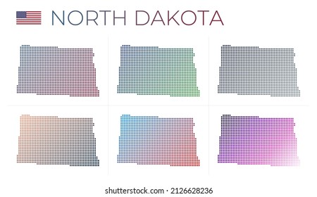 North Dakota dotted map set. Map of North Dakota in a dotted style. Borders of the US state filled with beautiful smooth gradient circles. Awesome vector illustration.