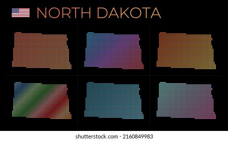 North Dakota dotted map set. Map of North Dakota in dotted style. Borders of the US state filled with beautiful smooth gradient circles. Beautiful vector illustration.