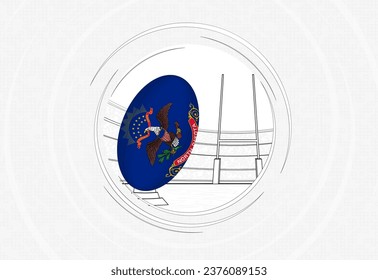 North Dakota flag on rugby ball, lined circle rugby icon with ball in a crowded stadium. Vector sport emblem on abstract background.
