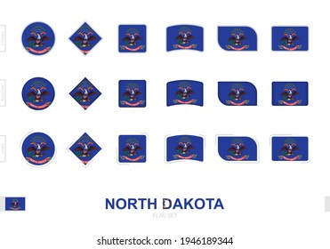 North Dakota flag set, simple flags of North Dakota with three different effects. Vector illustration.