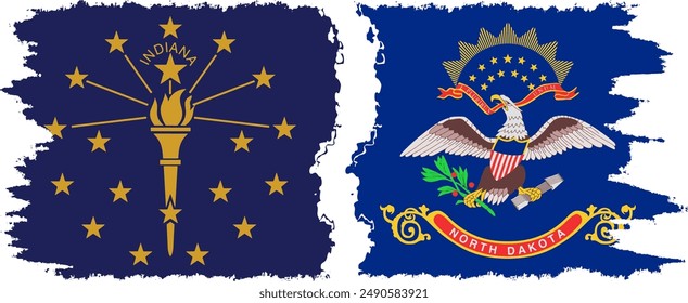 North Dakota and Indiana states grunge brush flags connection, vector