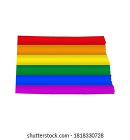 North Dakota LGBT flag map. Vector illustration. Slightly wavy rainbow gay pride flag map.