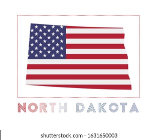 North Dakota logo. Map of North Dakota with the state name and flag. Stylish vector illustration.