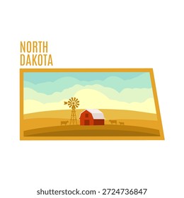  Frontera del mapa de Dakota del Norte con la pradera y el paisaje de la granja perfecto para impresión, ropa, etc