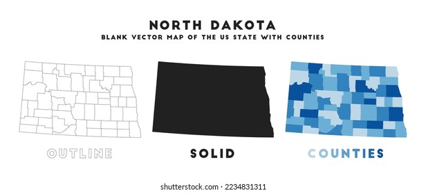 Mapa de Dakota del Norte. Fronteras de Dakota del Norte para su infografía. Forma de estado de vectores. Ilustración vectorial.