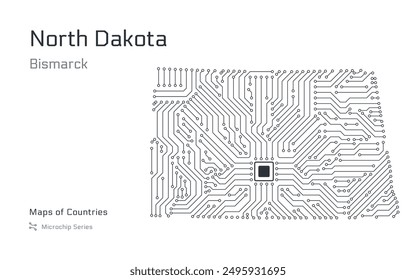 North Dakota Map with a capital of Bismarck Shown in a Microchip Pattern. E-government. United States vector maps. Microchip Series	
