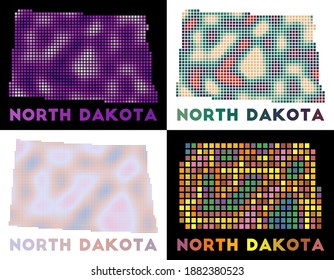 North Dakota Karte. Sammlung von Karte von North Dakota im gepunkteten Stil. Die Grenzen unseres Zustands sind mit Rechtecken für Ihr Design gefüllt. Vektorgrafik.