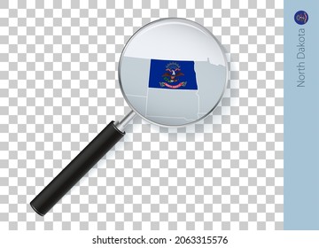 North Dakota map with flag in magnifying glass on transparent background. Vector loupe with map.