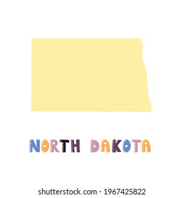 Mapa de Dakota del Norte aislado. Colección USA. Mapa de Dakota del Norte - silueta amarilla. Letras de estilo garabato en blanco