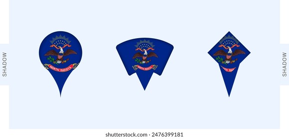 Conjunto de marcadores de mapa de Dakota del Norte. Perfecto para proyectos relacionados con Dakota del Norte, viajes, geografía y representación internacional. Vector colección.