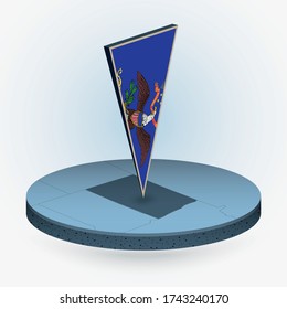 North Dakota map in round isometric style with triangular 3D flag of US State North Dakota, vector map in blue color.