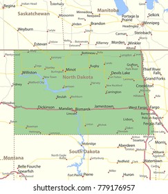North Dakota map. Shows state borders, urban areas, place names, roads and highways.Projection: Mercator.