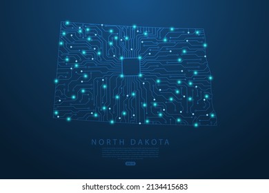 North Dakota Map - United States of America Map vector with Abstract futuristic circuit board. High-tech technology mash line and point scales on dark background - Vector illustration ep 10 