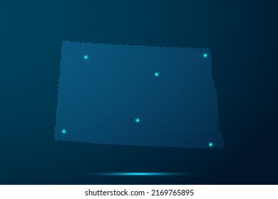 North Dakota Map - USA, United States of America Map vector template with dots, halftone style and light, network line, design sphere on blue technology background -  Vector illustration ep 10