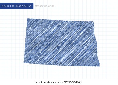 North Dakota Map - USA, United States of America Map vector template with blue outline graphic and pen drawing sketch style isolated on white grid background for design - Vector illustration eps 10