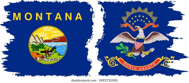 North Dakota and Montana states grunge brush flags connection, vector