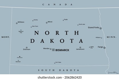 North Dakota, ND, Gray Political Map, With Capital Bismarck. State In The Upper Midwest Subregion Of United States Of America Nicknamed Peace Garden State, Roughrider State And Heaven On Earth. Vector