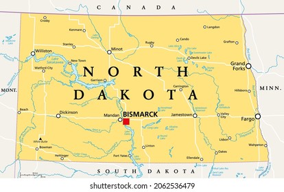 North Dakota, ND, Political Map, With Capital Bismarck. State In The Upper Midwest Subregion Of The United States Of America, Nicknamed Peace Garden State, Roughrider State And Heaven On Earth. Vector