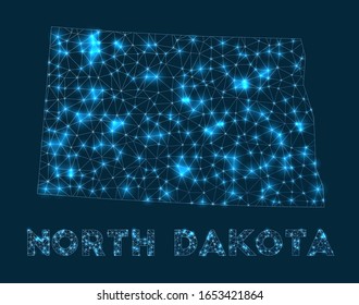 North Dakota network map. Abstract geometric map of the US state. Internet connections and telecommunication design. Artistic vector illustration.
